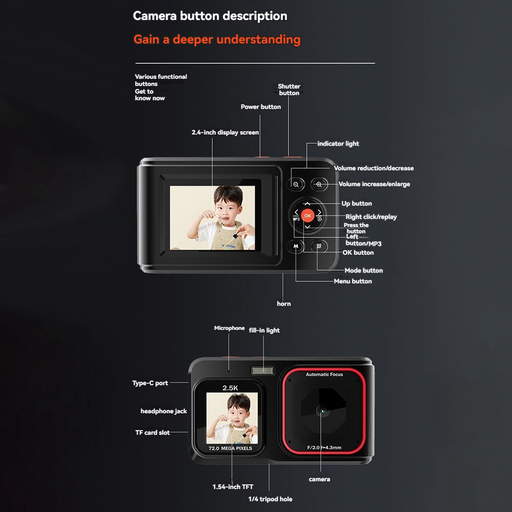 Kinder Mini Digitalkamera 2.5K HD 72MP Dual Screen High-Definition Pixel8117 - Bild 19 von 28