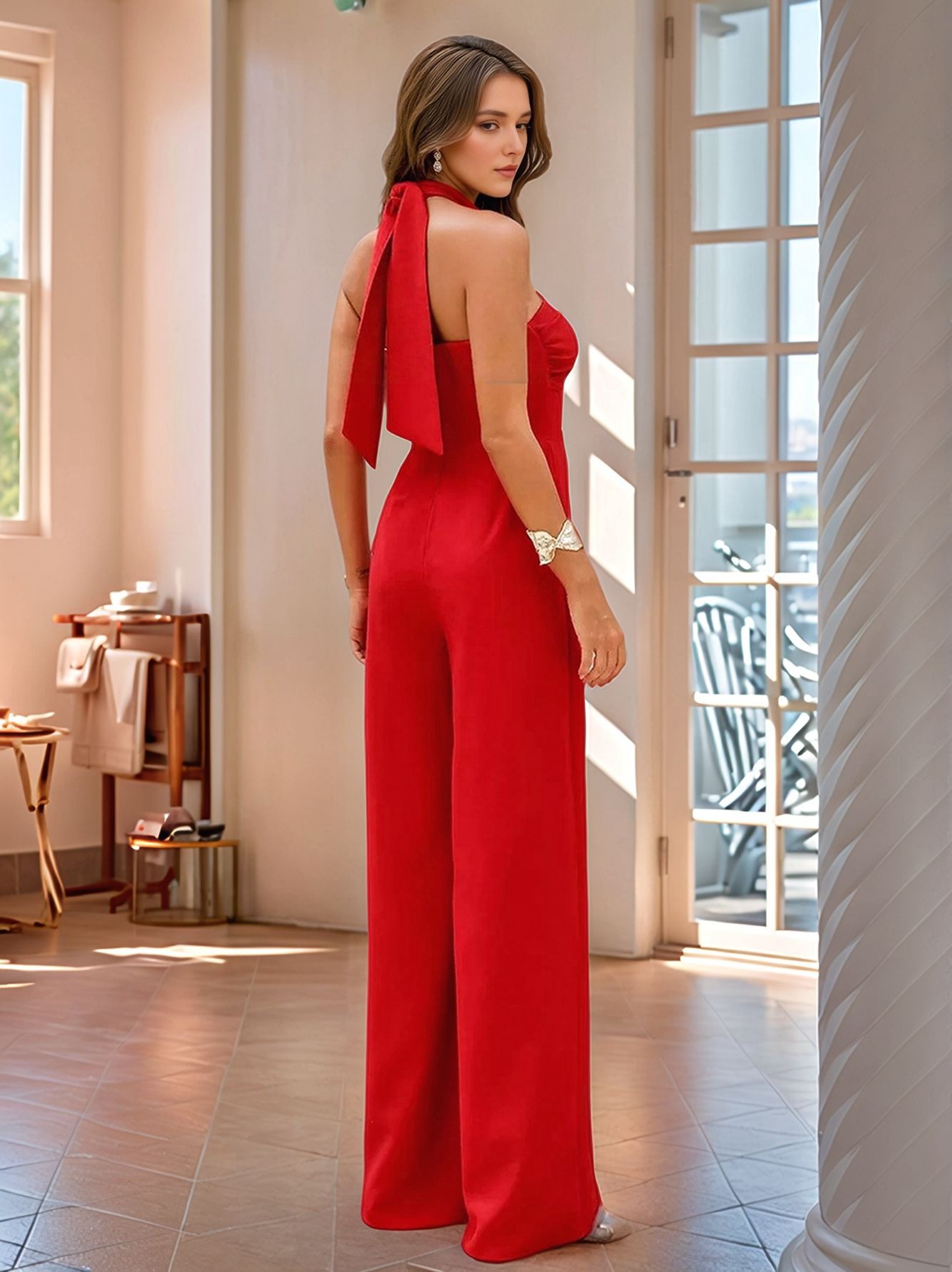 Maxi-Jumpsuit für Damen, Crossover, Neckholder, gerades Bein, Overall-Stram6089 - Bild 3 von 12