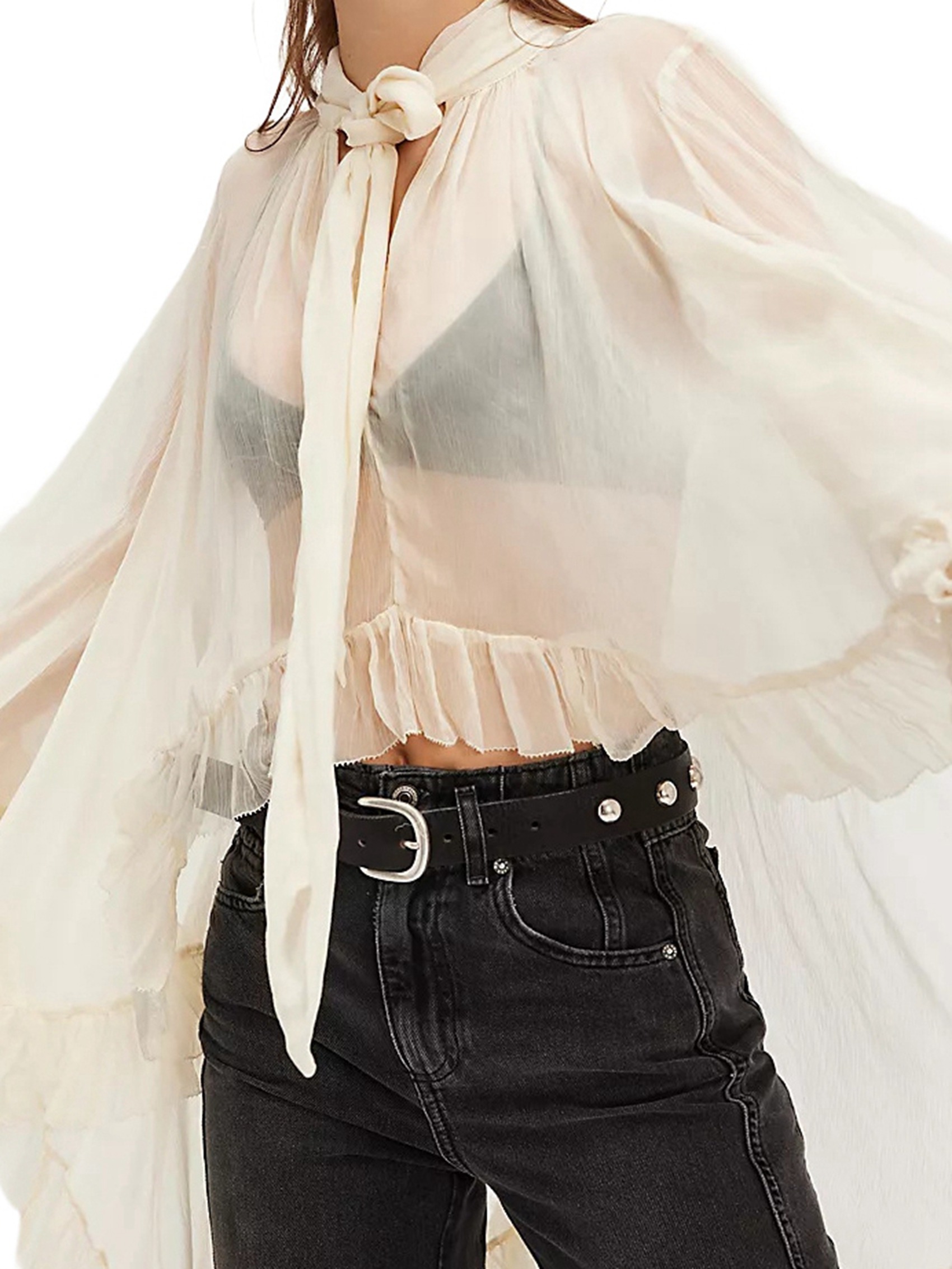 Women's blouse with long bell sleeves, ruffles, sheer, transparent 7332