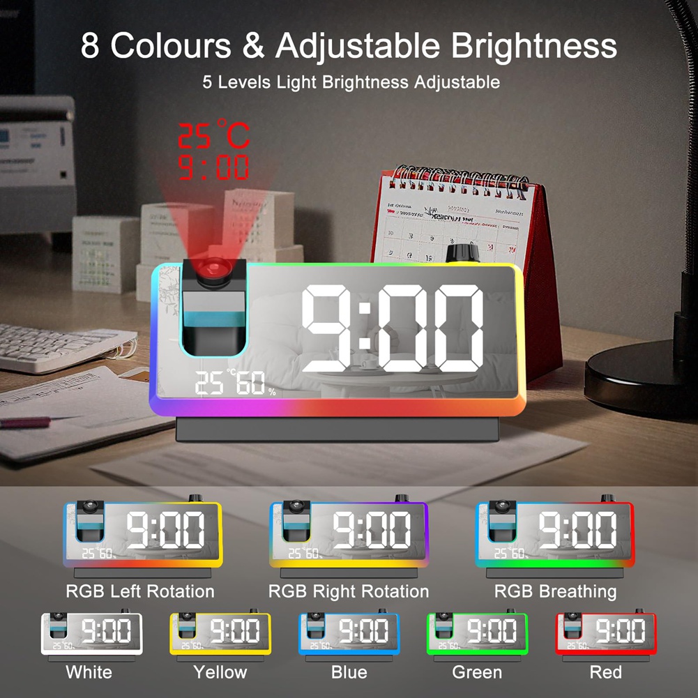 Sveglia a Proiezione per Camera da Letto con Luce Notturna RGB,7In Large LED2930 - Foto 6 di 15