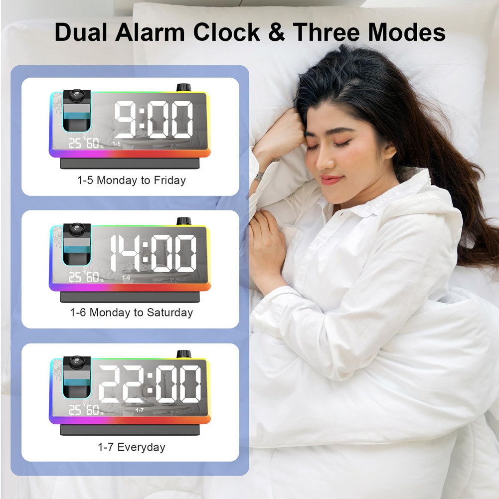 Sveglia a Proiezione per Camera da Letto con Luce Notturna RGB,7In Large LED2930 - Foto 4 di 15
