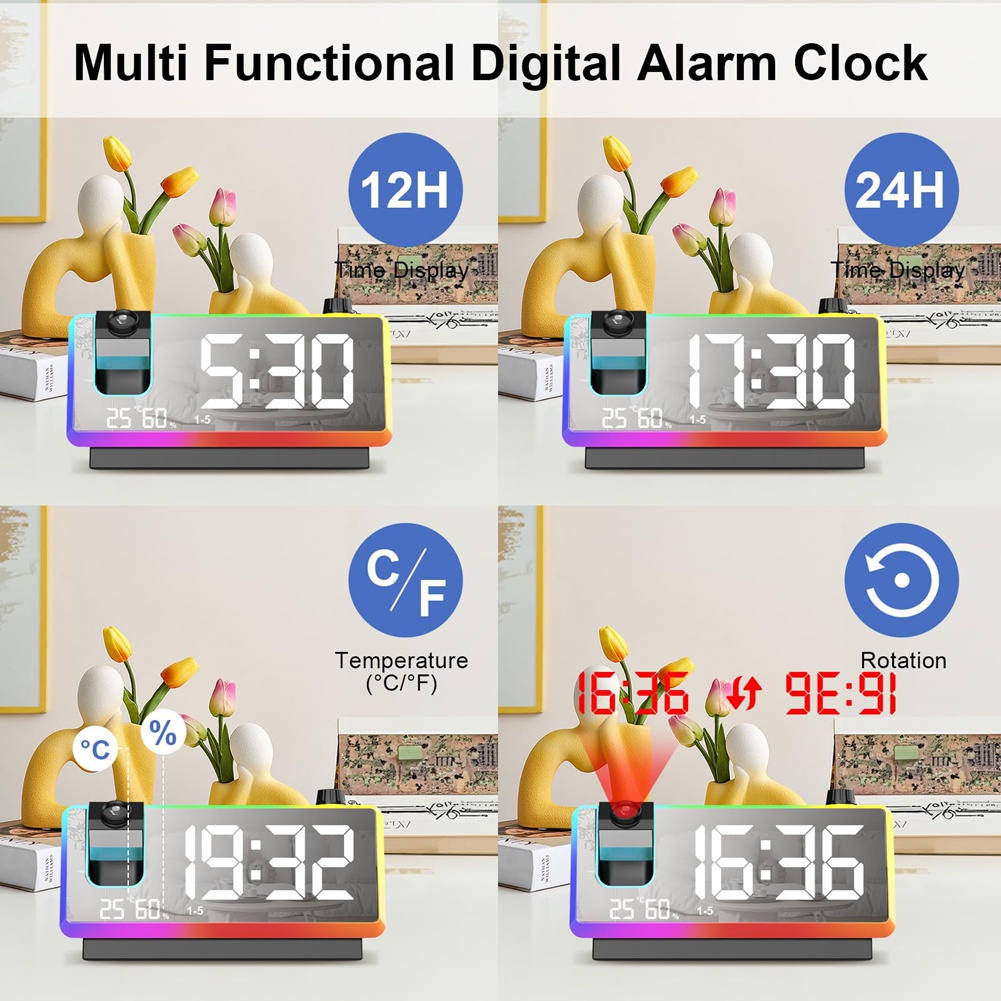 Sveglia a Proiezione per Camera da Letto con Luce Notturna RGB,7In Large LED2930 - Foto 5 di 15