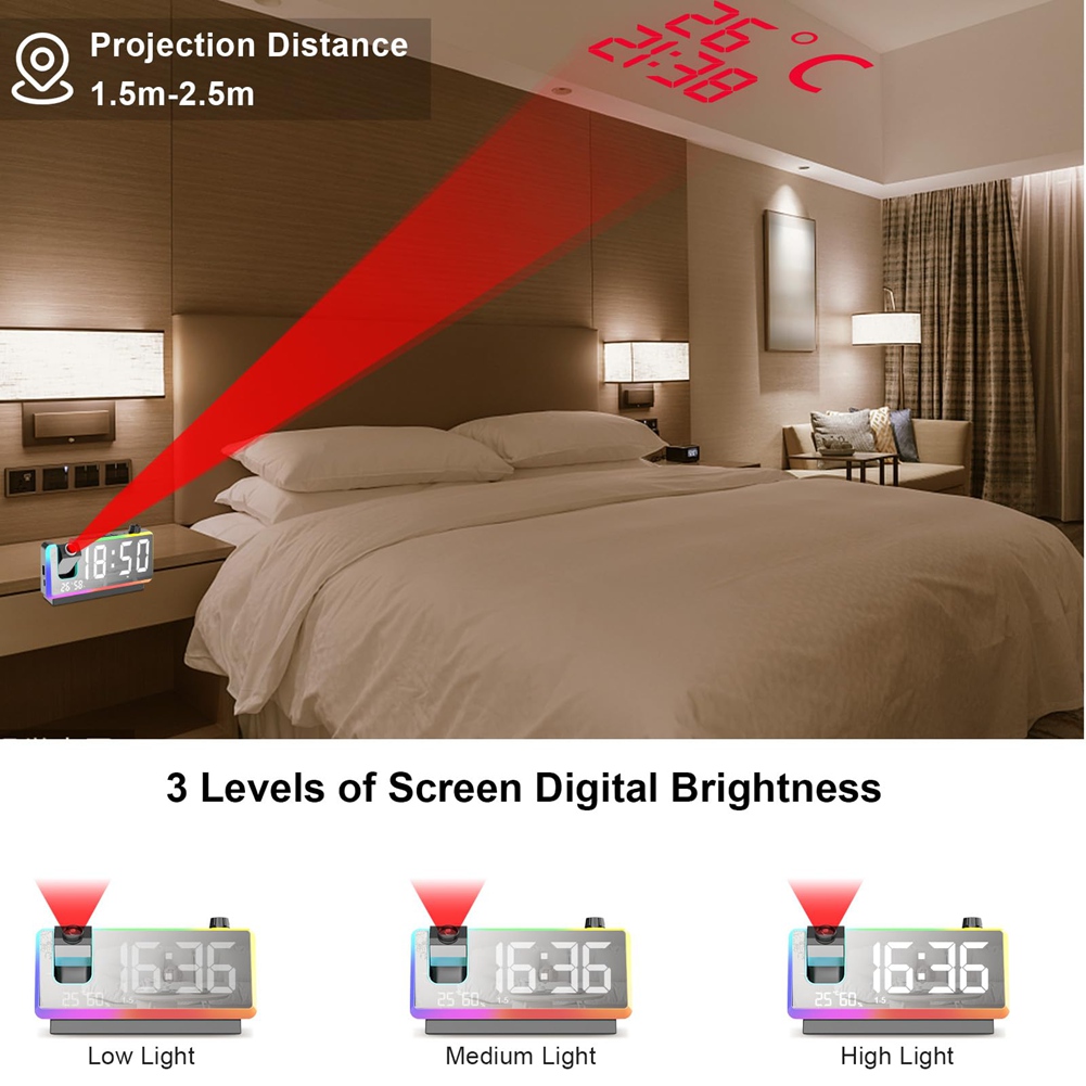 Sveglia a Proiezione per Camera da Letto con Luce Notturna RGB,7In Large LED2930 - Foto 3 di 15