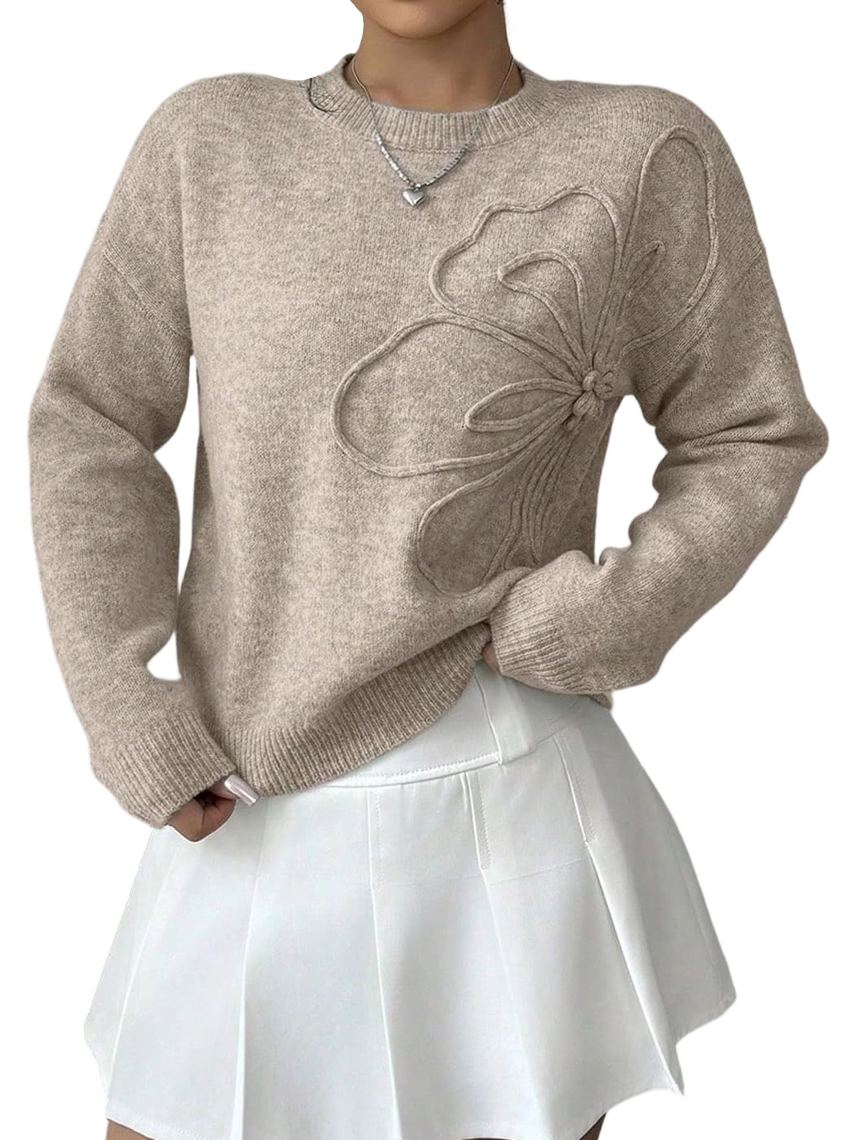 Damen 3D Blumen Applikationen Rundhalsausschnitt Pullover Langarm Schulterfrei 1585 - Bild 2 von 13