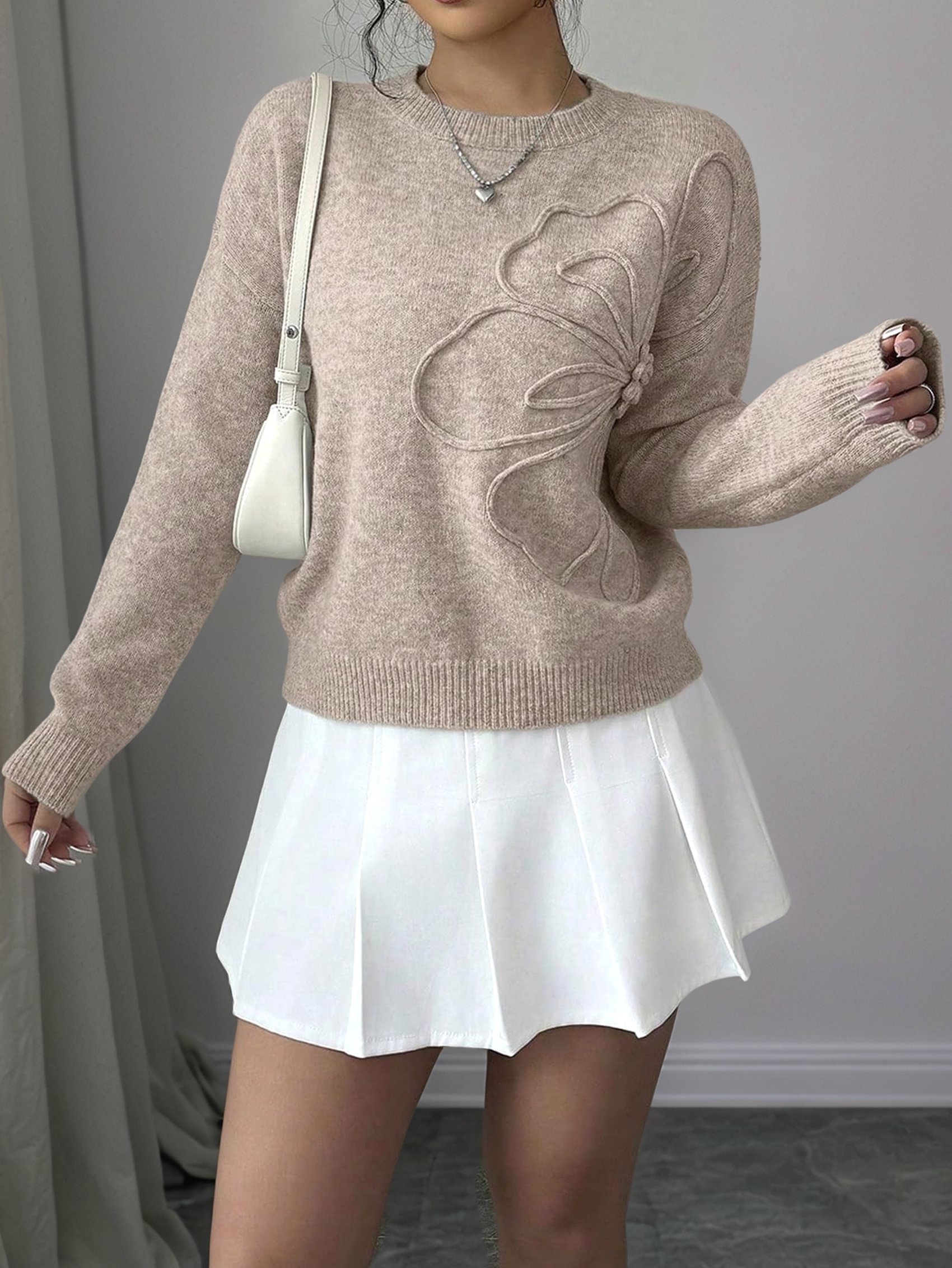 Damen 3D Blumen Applikationen Rundhalsausschnitt Pullover Langarm Schulterfrei 1585 - Bild 5 von 13