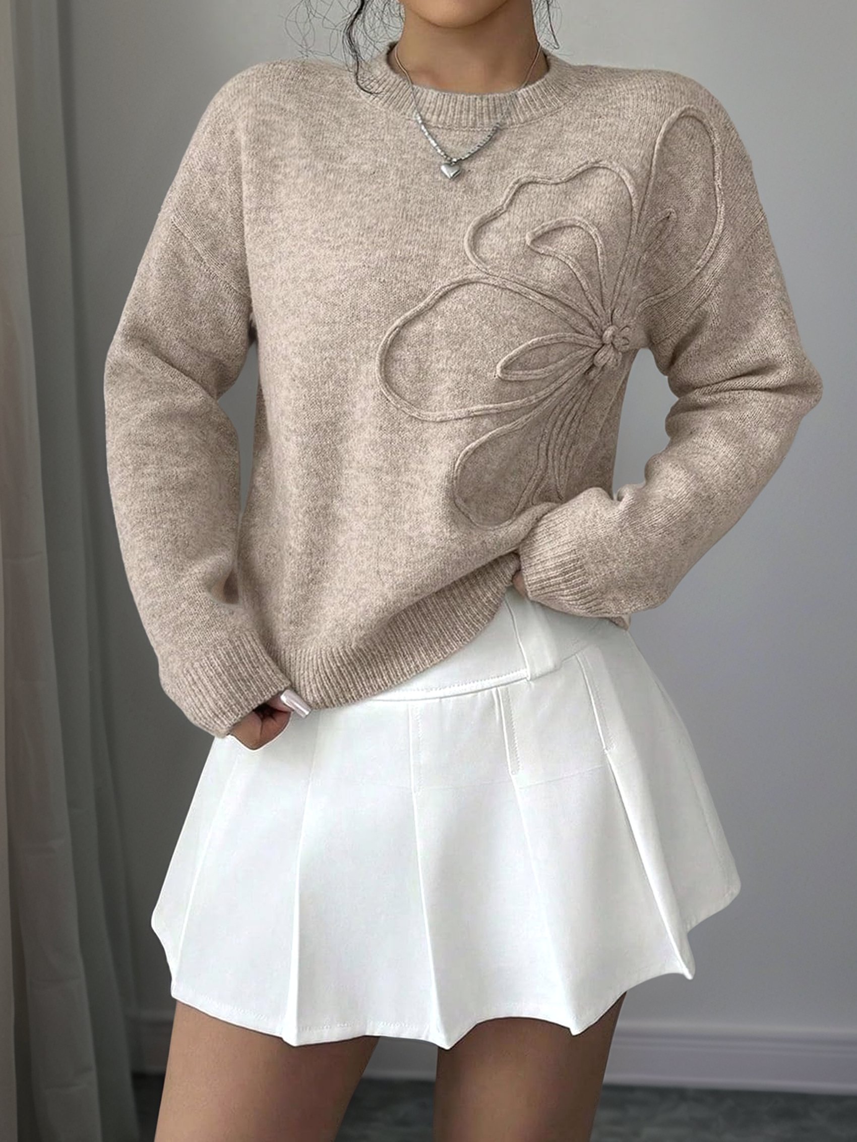 Damen 3D Blumen Applikationen Rundhalsausschnitt Pullover Langarm Schulterfrei 1585 - Bild 6 von 13