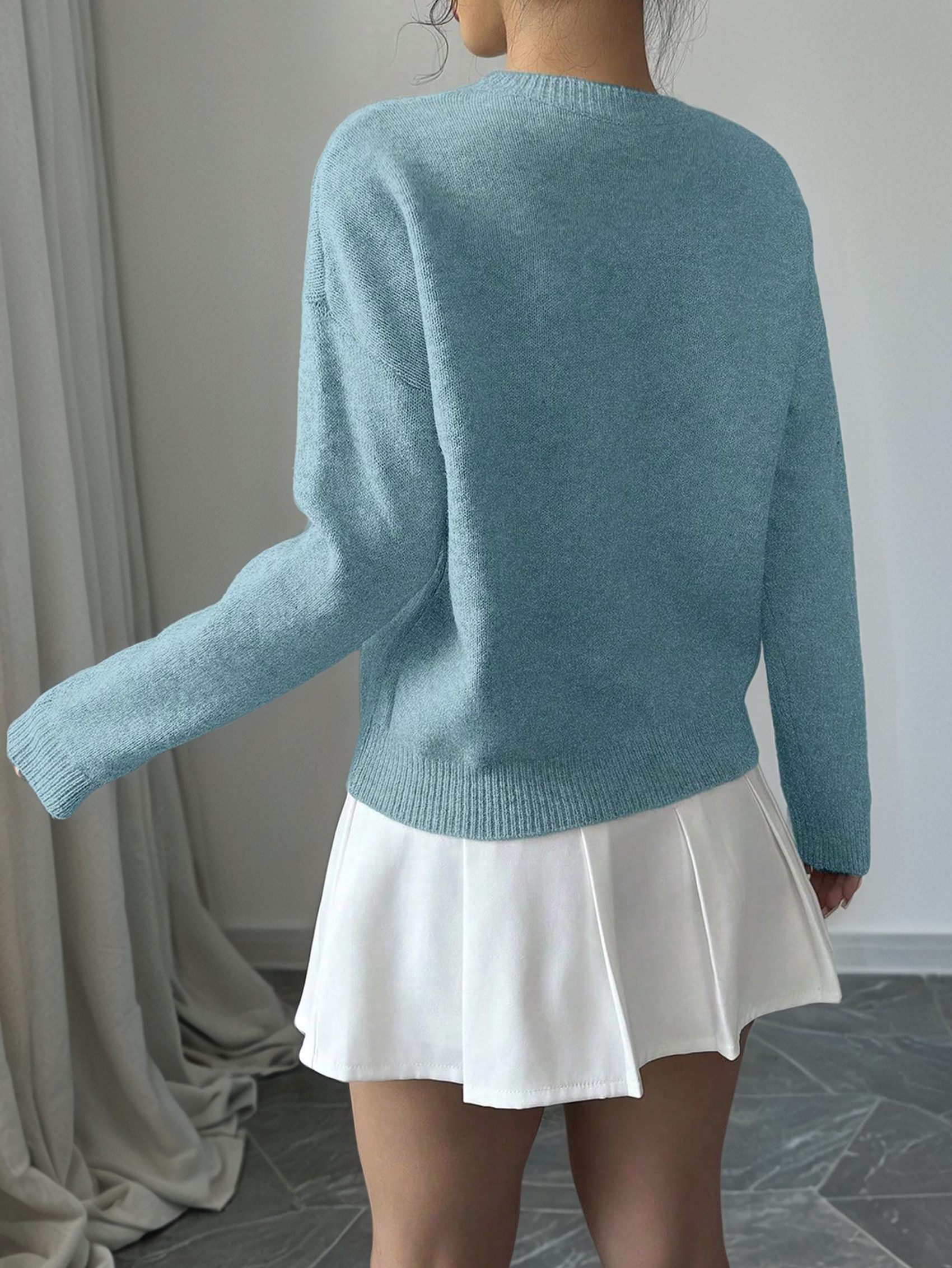 Damen 3D Blumen Applikationen Rundhalsausschnitt Pullover Langarm Schulterfrei 1585 - Bild 12 von 13