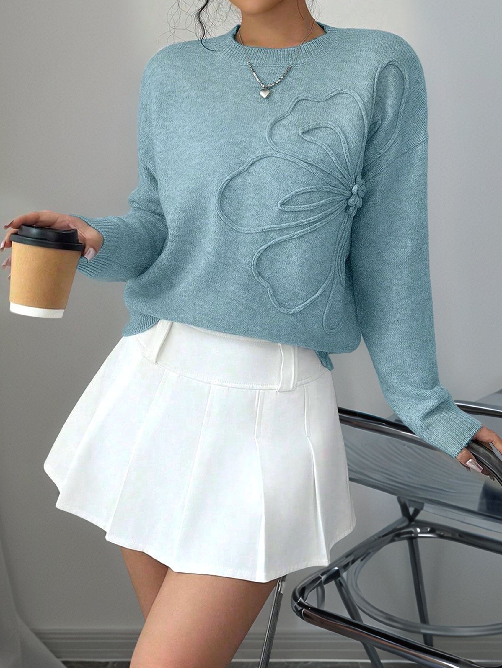 Damen 3D Blumen Applikationen Rundhalsausschnitt Pullover Langarm Schulterfrei 1585 - Bild 10 von 13