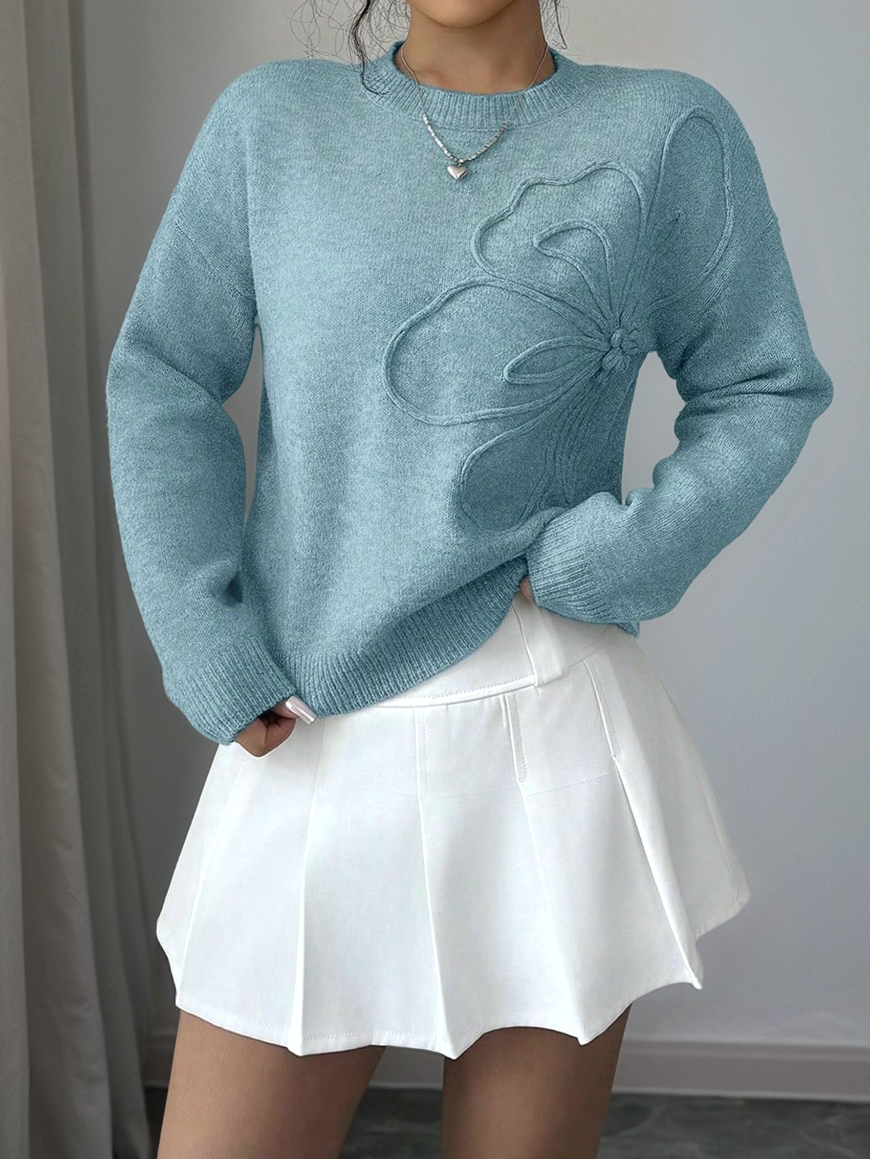 Damen 3D Blumen Applikationen Rundhalsausschnitt Pullover Langarm Schulterfrei 1585 - Bild 11 von 13