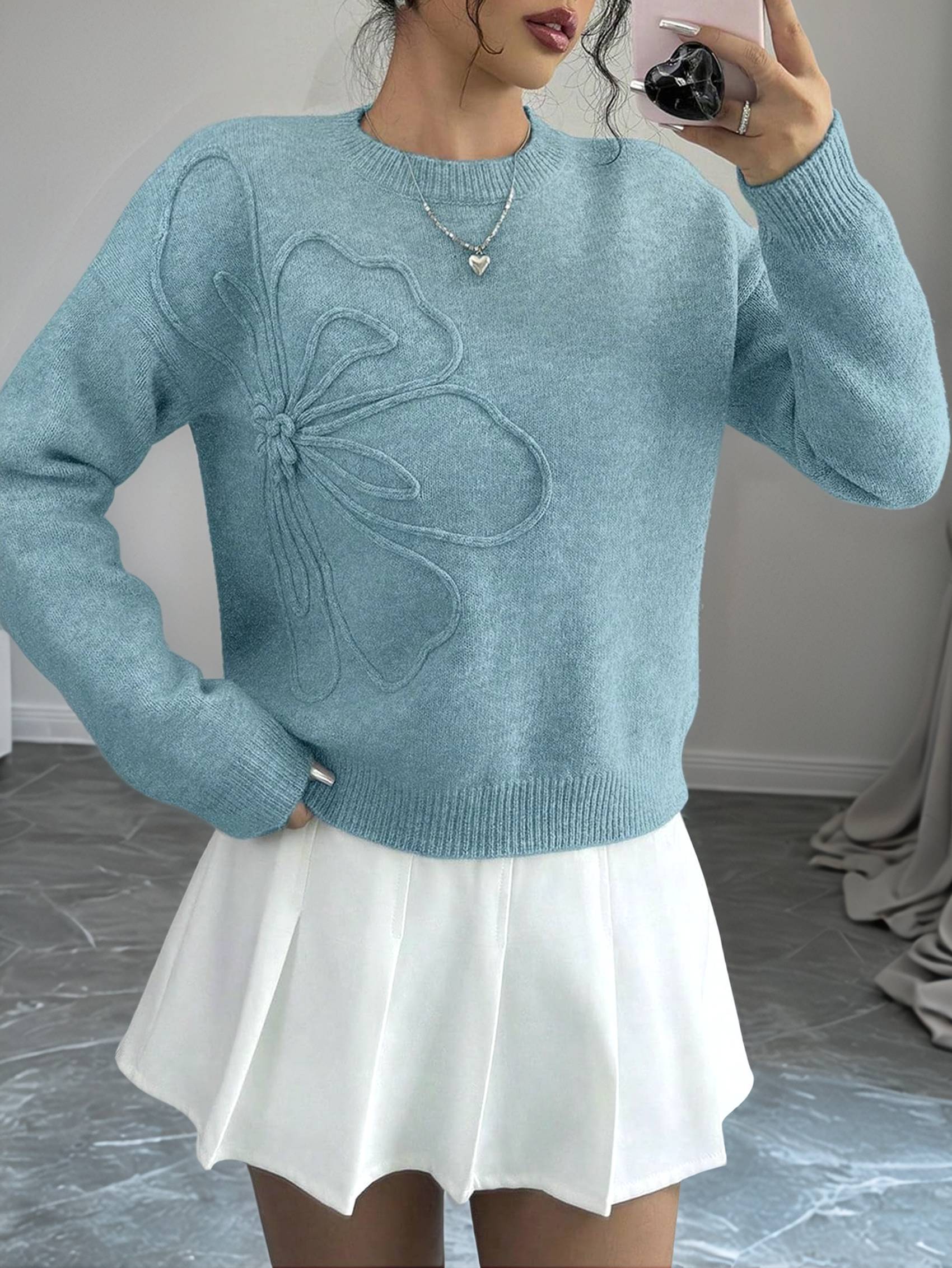 Damen 3D Blumen Applikationen Rundhalsausschnitt Pullover Langarm Schulterfrei 1585 - Bild 9 von 13